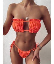 Hollow Style Pleated Fashion Women Split Bikini Swimsuit - Orange