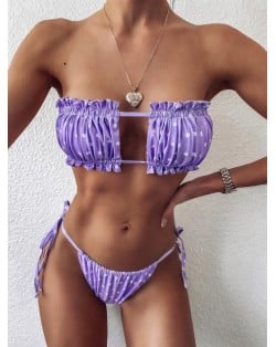 Hollow Style Pleated Fashion Women Split Bikini Swimsuit - Violet