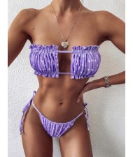 Hollow Style Pleated Fashion Women Split Bikini Swimsuit - Violet