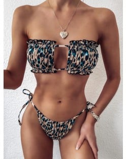 Hollow Style Pleated Fashion Women Split Bikini Swimsuit - Leopard Prints