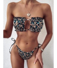 Hollow Style Pleated Fashion Women Split Bikini Swimsuit - Leopard Prints