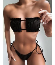 Hollow Style Pleated Fashion Women Split Bikini Swimsuit - Black