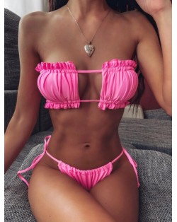 Hollow Style Pleated Fashion Women Split Bikini Swimsuit - Pink