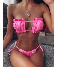 Hollow Style Pleated Fashion Women Split Bikini Swimsuit - Pink