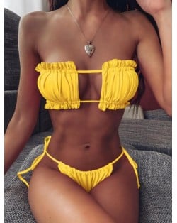 Hollow Style Pleated Fashion Women Split Bikini Swimsuit - Yellow