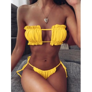 Hollow Style Pleated Fashion Women Split Bikini Swimsuit - Yellow