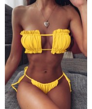 Hollow Style Pleated Fashion Women Split Bikini Swimsuit - Yellow