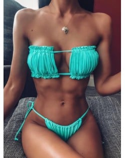 Hollow Style Pleated Fashion Women Split Bikini Swimsuit - Green