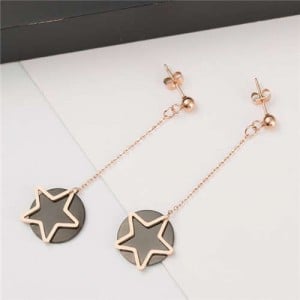 Dangling Stars and Round Pendants Combo Design Korean Fashion Stainless Steel Earrings