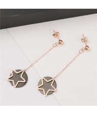 Dangling Stars and Round Pendants Combo Design Korean Fashion Stainless Steel Earrings