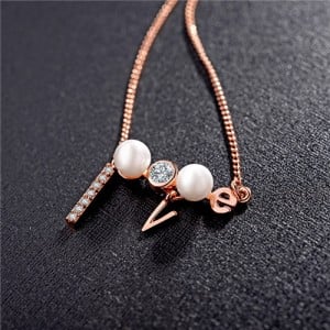 Creativity Love Rhinestone with Pearl Pendant Necklace - Rose Gold