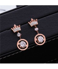 Crown Fashion Rhinestone Dangling Women Stainless Steel Earrings