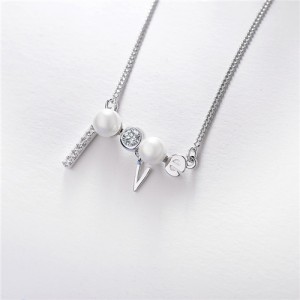 Creativity Love Rhinestone with Pearl Pendant Necklace - Platinum