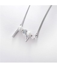 Creativity Love Rhinestone with Pearl Pendant Necklace - Platinum