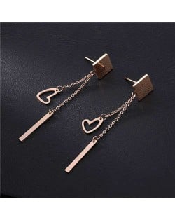Heart and Stick Tassel Design Square Shape Women Stainless Steel Earrings