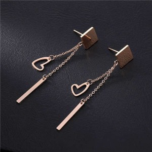 Heart and Stick Tassel Design Square Shape Women Stainless Steel Earrings
