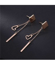 Heart and Stick Tassel Design Square Shape Women Stainless Steel Earrings
