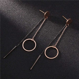 Dangling Ring and Stick Tassel Stainless Steel Women Shoulder Duster Earrings
