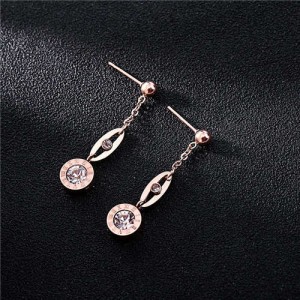 Roman Numerals Engraved High Fashion Dangling Rhinestone Stainless Steel Women Earrings