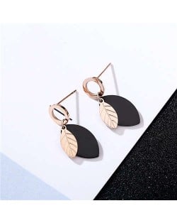Short Contrast Colors Leaves Design Stainless Steel Earrings