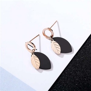 Short Contrast Colors Leaves Design Stainless Steel Earrings