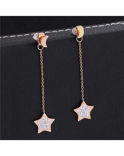 Shining Stars and Moons Combo Stainless Steel Women Shoulder Duster Tassel Earrings