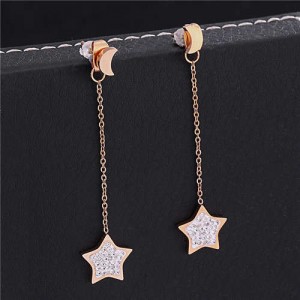 Shining Stars and Moons Combo Stainless Steel Women Shoulder Duster Tassel Earrings
