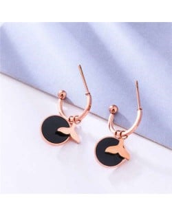 Fish Tail with Round Pendant Combo Design Stainless Steel Women Earrings - Black