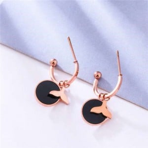 Fish Tail with Round Pendant Combo Design Stainless Steel Women Earrings - Black