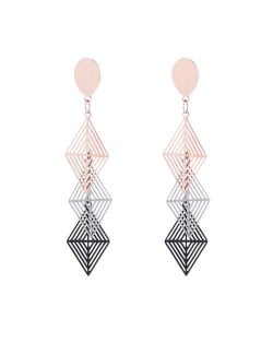 Korean Fashion Triple Hollow Rhombus Strand Design Stainless Steel Earrings