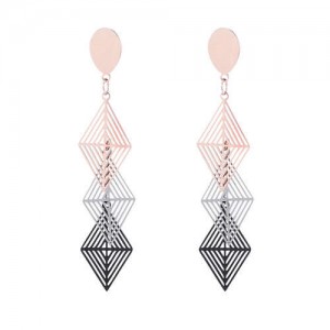Korean Fashion Triple Hollow Rhombus Strand Design Stainless Steel Earrings
