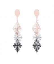 Korean Fashion Triple Hollow Rhombus Strand Design Stainless Steel Earrings
