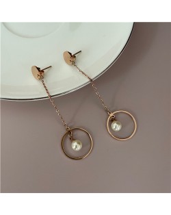 Pearl Inlaid Dangling Ring Women Stainless Steel Shoulder Duster Earrings