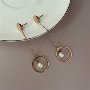 Pearl Inlaid Dangling Ring Women Stainless Steel Shoulder Duster Earrings