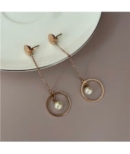 Pearl Inlaid Dangling Ring Women Stainless Steel Shoulder Duster Earrings