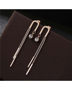 Rhinestone Embellished Unique Tassel Design Stainless Steel Women Shoulder Duster Earrings