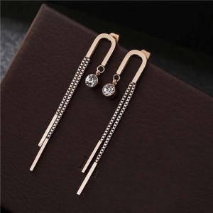 Rhinestone Embellished Unique Tassel Design Stainless Steel Women Shoulder Duster Earrings