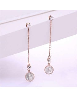 Rhinestone Inlaid Shining Round Pendant Korean Fashion Stainless Steel Tassel Earrings