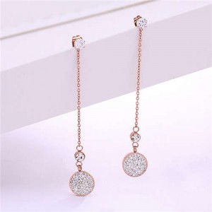 Rhinestone Inlaid Shining Round Pendant Korean Fashion Stainless Steel Tassel Earrings
