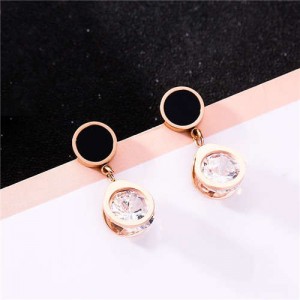 Shining Rhinestone Inlaid Round Style Stainless Steel Women Stud Earrings