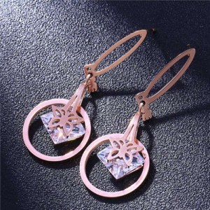Butterfly and Rhinestone Inlaid Love Theme Hoop Fashion Stainless Steel Earrings