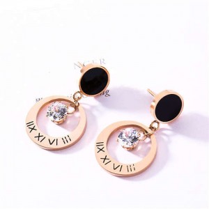 Roman Numbers Engraved Shining Rhinestone Inlaid Stainless Steel Hoop Earrings