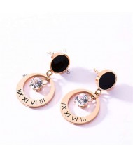 Roman Numbers Engraved Shining Rhinestone Inlaid Stainless Steel Hoop Earrings