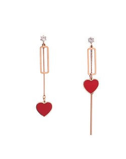 Red Hearts Asymmetric Stainless Steel Women Tassel Earrings