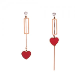 Red Hearts Asymmetric Stainless Steel Women Tassel Earrings