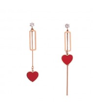 Red Hearts Asymmetric Stainless Steel Women Tassel Earrings