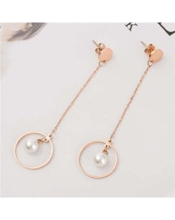 Pearl Inlaid Elegant Dangling Ring Stainless Steel Women Tassel Earrings
