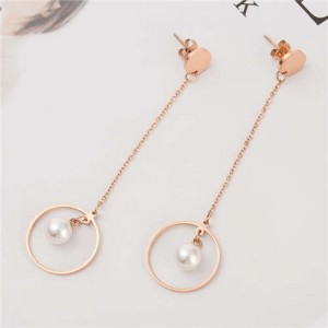 Pearl Inlaid Elegant Dangling Ring Stainless Steel Women Tassel Earrings