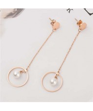 Pearl Inlaid Elegant Dangling Ring Stainless Steel Women Tassel Earrings