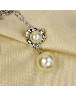 Elegent Twin Pearls Pendant Necklace - Platinum